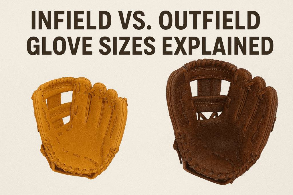 Side-by-side comparison of an infield baseball glove with a shallow pocket and smaller size versus an outfield baseball glove with a deeper pocket and larger size, showing key differences in glove design.